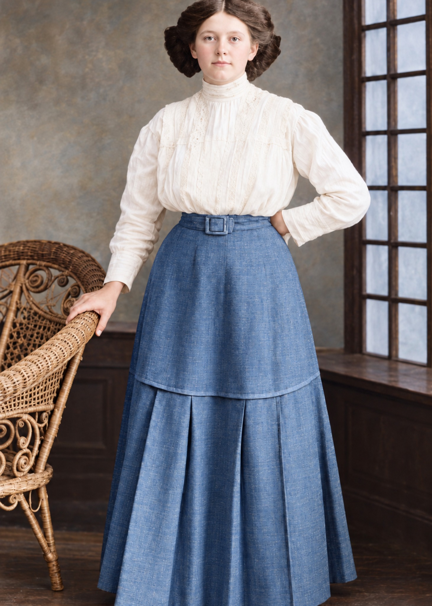 After: Woman standing beside a wicker chair