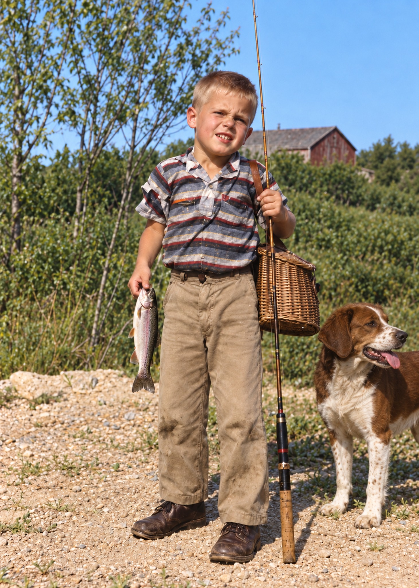 After: restored color portrait of a boy with fishing gear and a dog