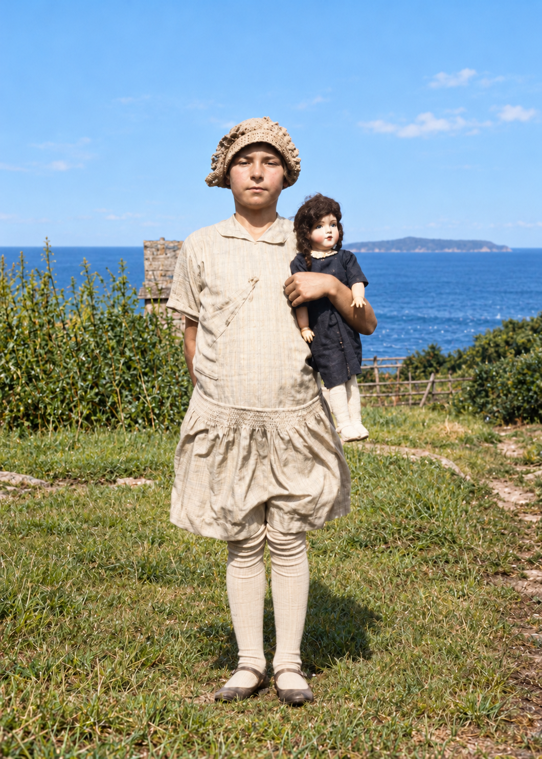 After: Girl holding a doll beside the sea