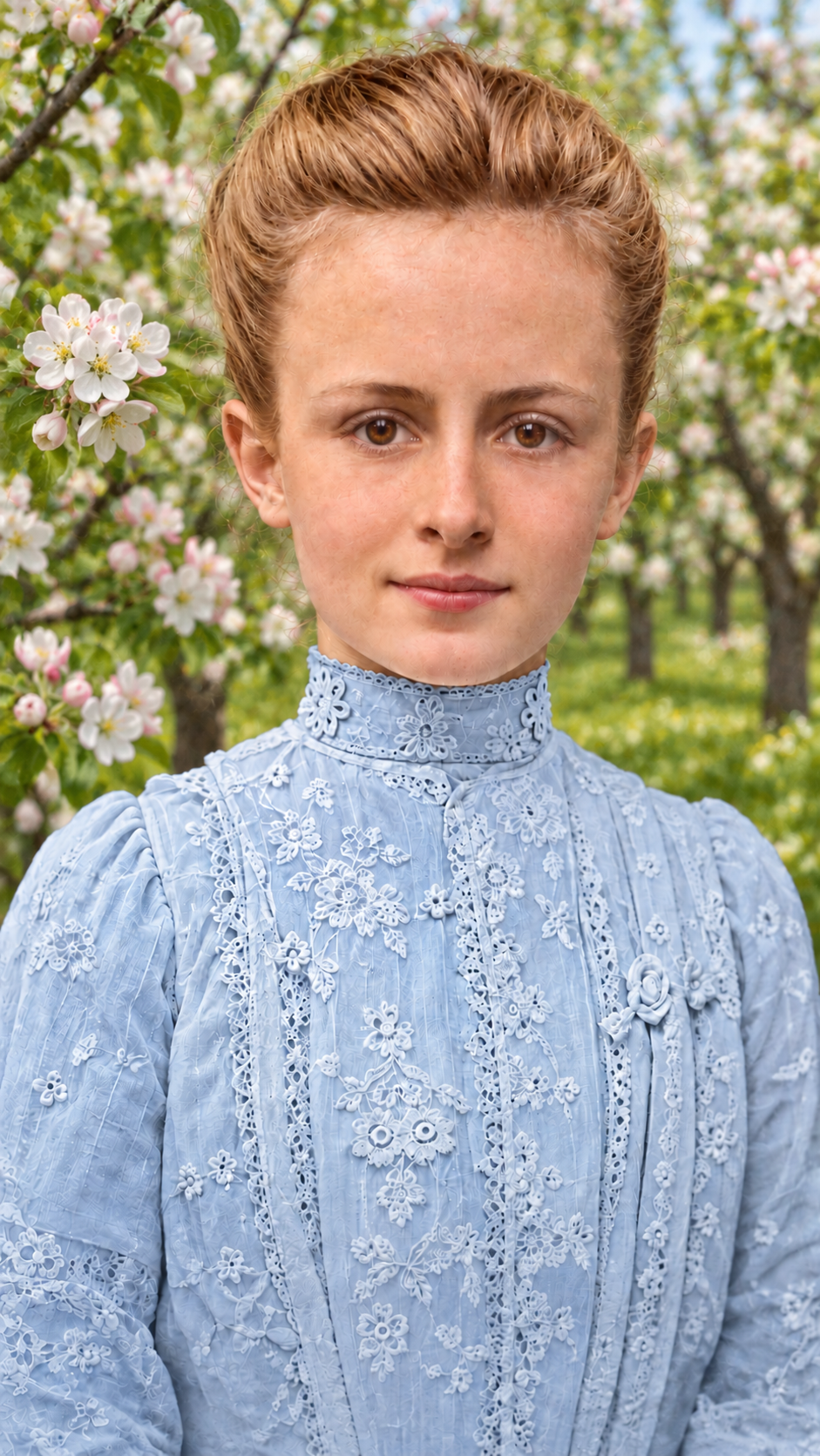 Colour portrait with a blooming apple orchard background